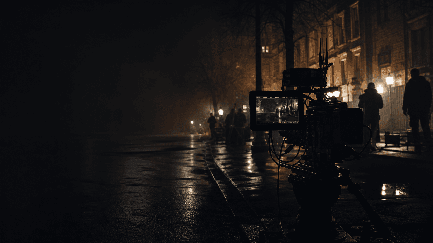Cinematic film production setup at night
